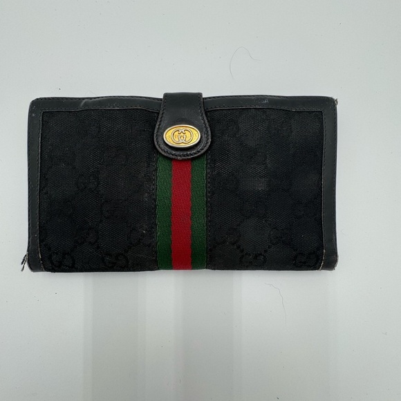 Gucci Vintage  Black Trifold Wallet with Red and Green Stripe - Picture 1 of 17